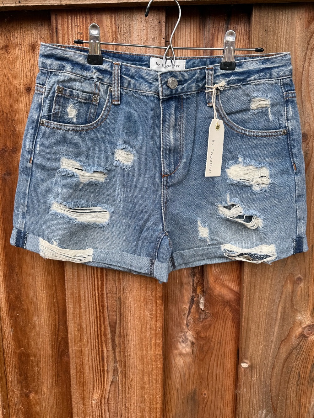 By Together Light Blue Distressed Rolled Hem Denim Shorts
